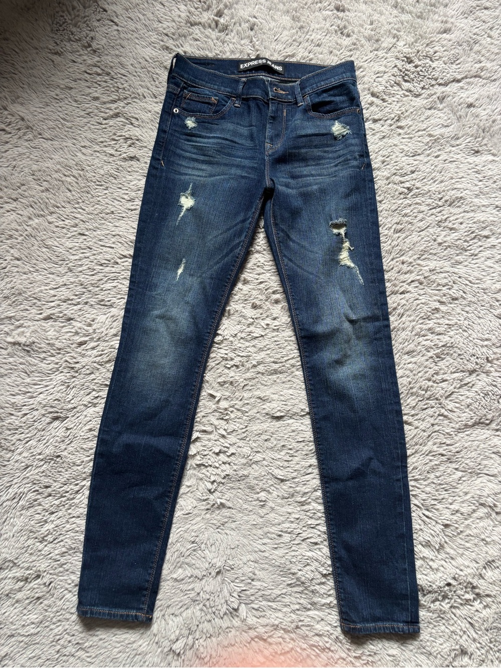 Express Womens Distressed Skinny Jeans in Dark Blue mid rise Legging size 0